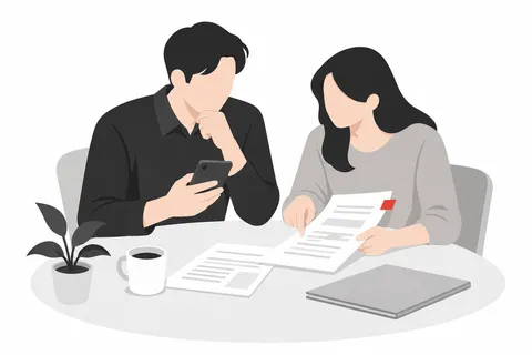 가족 두 명이 연락 내용과 서류를 함께 확인하는 비실사 일러스트